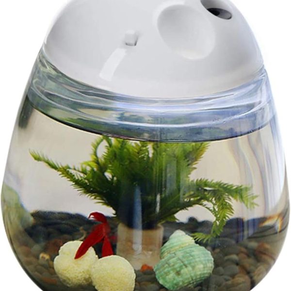 Mini Betta Fish Tank, Small Fish Bowl, Plastic Fish Tank with Lid, Desktop Clear Round Fish Bowl and LED for Small Fish, Insect, Shrimp, Crab, Jellyfish Goldfish, Room Decor (with Charger Pattern)