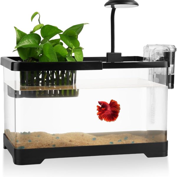 1.8 Gallon Beta Fish Tank Aquariums Kits - Clear Small Fish Bowl Starter Kit with LED Light, Water Filter Pump, Hydroponic Basket - Beginner's Gift for Guppy Shrimp Goldfish, Rectangular