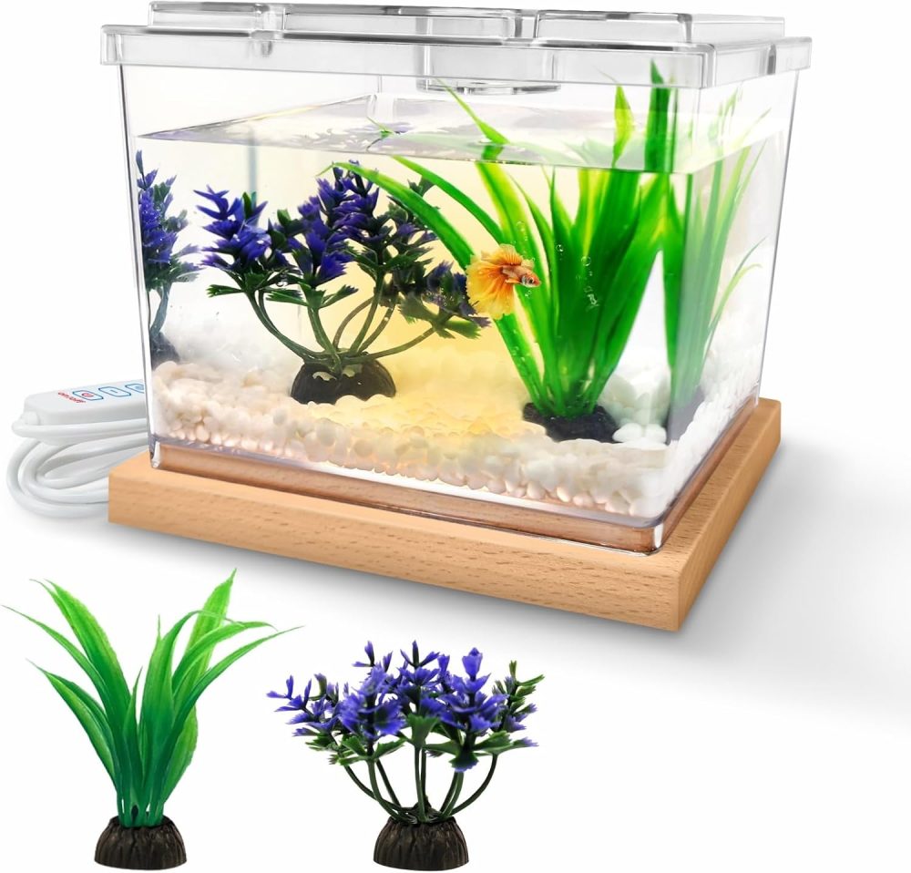 Mini Betta Fish Tank Kit with LED Light Base, Small Fish Bowl for Temporary Space, 0.2 Gallon Stackable Cube Tank with Artificial Plants for Small Fish, Insect, Shrimp, Crab, Spider (Kit-2)