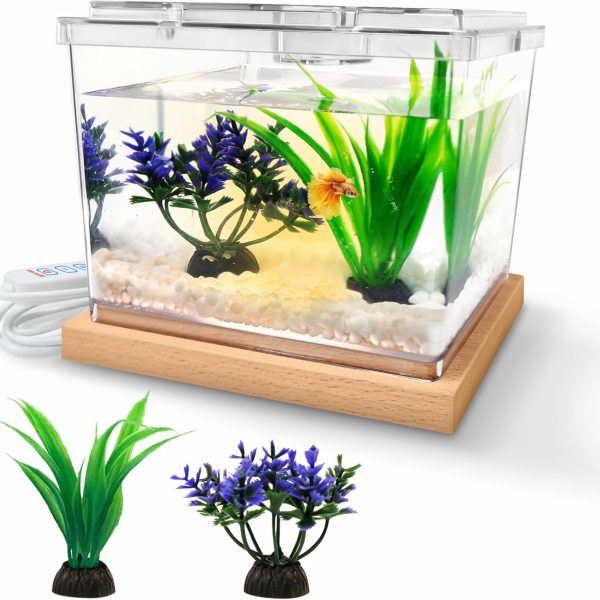 Mini Betta Fish Tank Kit with LED Light Base, Small Fish Bowl for Temporary Space, 0.2 Gallon Stackable Cube Tank with Artificial Plants for Small Fish, Insect, Shrimp, Crab, Spider (Kit-2)