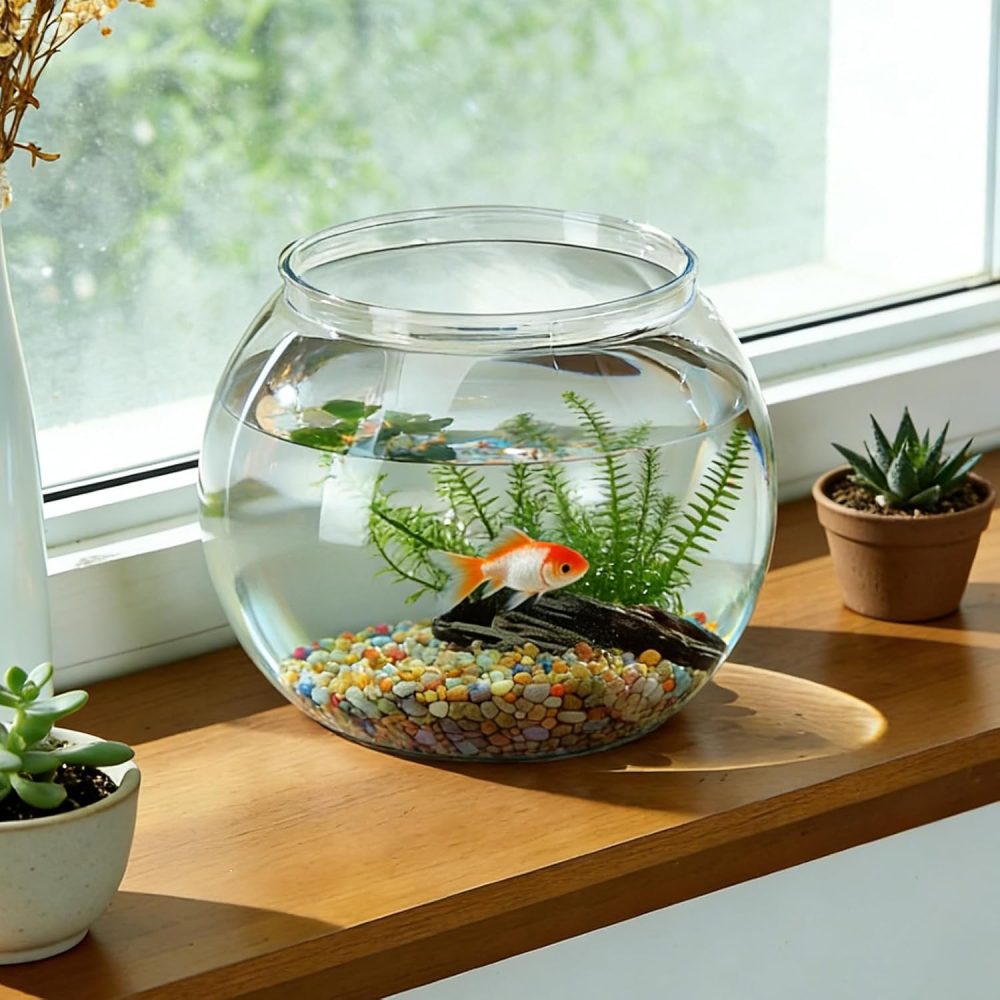 Plastic Goldfish Fish Bowl Drum Round Crystal Clear Aquarium Fish Tank Starter Kits with 1 Artificial Aquatic Plant and 1 Bag Mini Ornamental Stones (0.72Gallon/ 2.75L) - Image 2