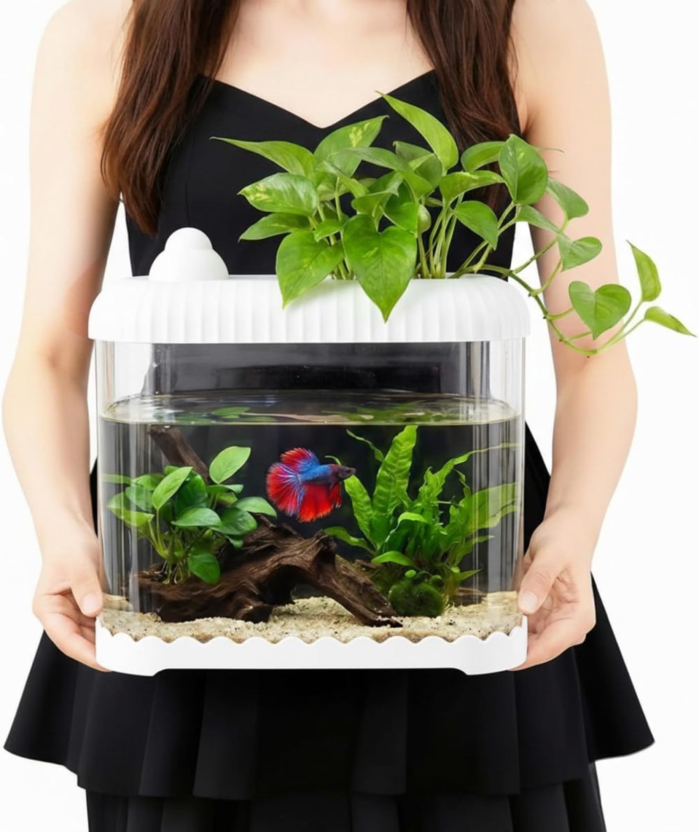 White 2.5 Gallon Plastic Aquaponic Betta Fish Tank Large Bowl Shatterproof Small Ecosystem Aquarium with Secure Buckle Lid, Clear Clarity for Terrarium, Flower Vase Betta Fish Tabletop Gifts