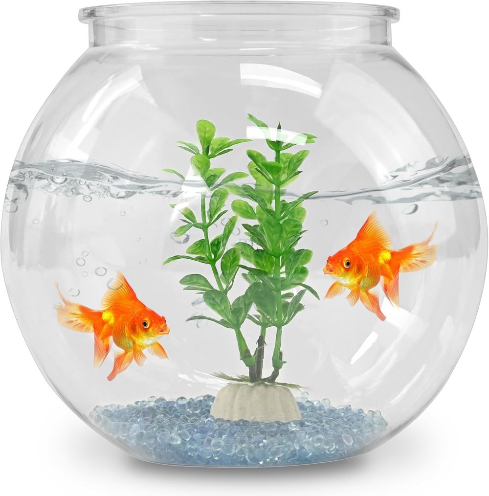 Plastic Goldfish Fish Bowl Drum Round Crystal Clear Aquarium Fish Tank Starter Kits with 1 Artificial Aquatic Plant and 1 Bag Mini Ornamental Stones (0.72Gallon/ 2.75L)