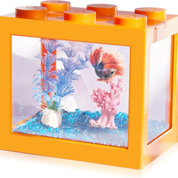 Small Betta Fish Tank, Stackable Mini Fish Tank Aquarium Tank Kit, 3/5 Gallon Rectangular Fish Bowl with Aquarium Gravel Decoration, Tiny Cube Tank for Seaweed Balls Sea Monkeys