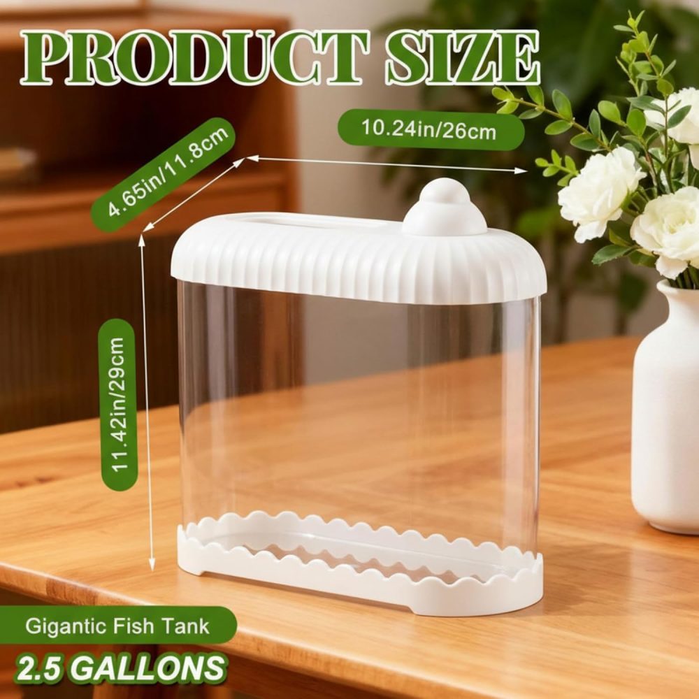 White 2.5 Gallon Plastic Aquaponic Betta Fish Tank Large Bowl Shatterproof Small Ecosystem Aquarium with Secure Buckle Lid, Clear Clarity for Terrarium, Flower Vase Betta Fish Tabletop Gifts - Image 2
