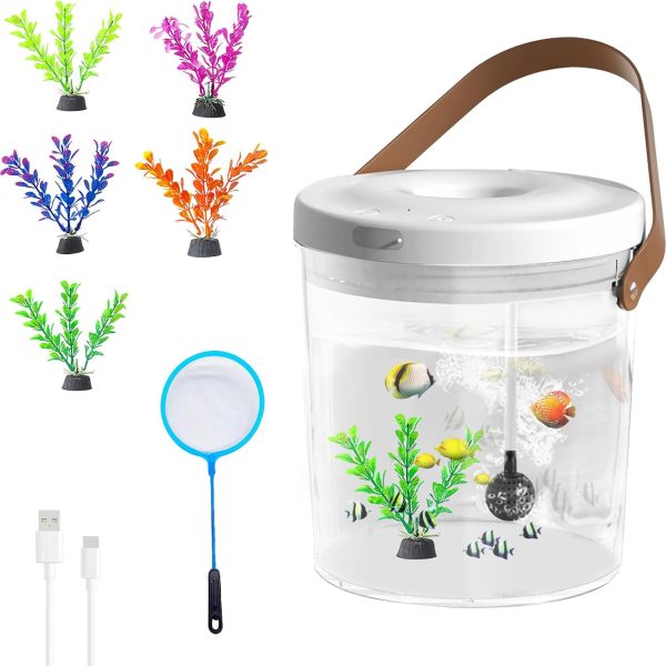 Oxygen-Injected Fish Tank, Small Fish Tank with 7 Color LED Light & Quiet Pump, Rechargeable Portable Mini Fish Tank with Lid, Travel Aquatic Pets Tank Starter Kit