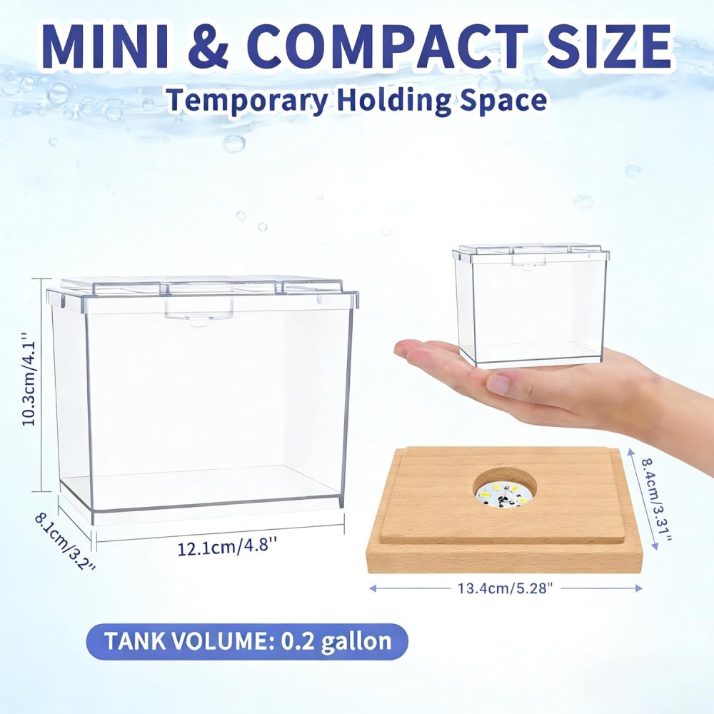Mini Betta Fish Tank Kit with LED Light Base, Small Fish Bowl for Temporary Space, 0.2 Gallon Stackable Cube Tank with Artificial Plants for Small Fish, Insect, Shrimp, Crab, Spider (Kit-2) - Image 2